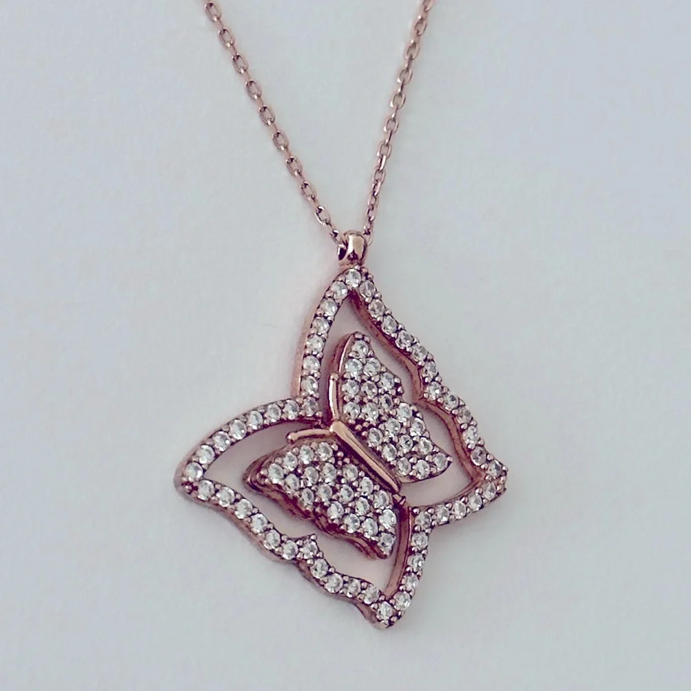 🦋Reversible spinning butterfly 925 silver necklace 14k rose gold plated